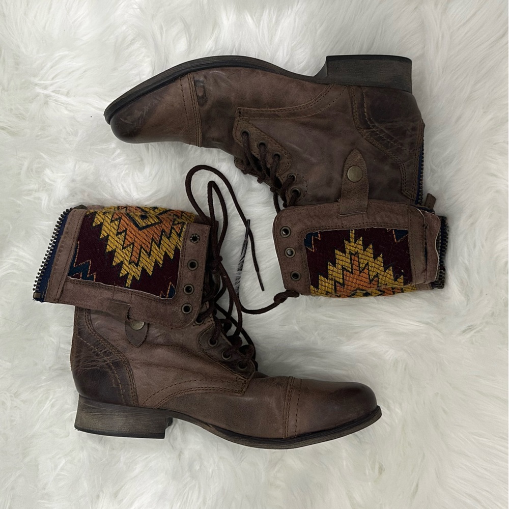 Steve Madden Brown Leather Combat Boots with Multicolor Aztec Cuff